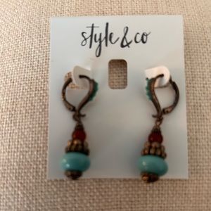 NWT Style & Co Leverback Earrings Turquoise, Silver and Amber Beaded